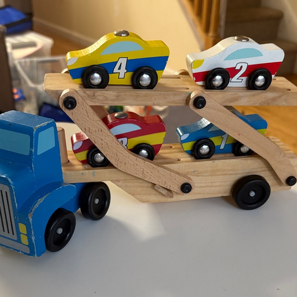 Melissa & Doug Wooden Car Carrier - Blue, Red, Yellow